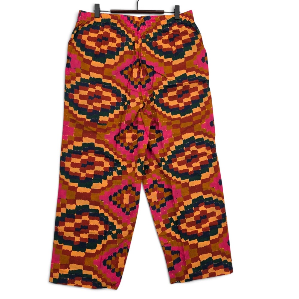 Farm Rio Anthropologie Print Wide Leg Pants L Pink Orange Geometric Boho Pull On